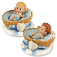 4 pcs Small polyresin-top, baby in basket, blue