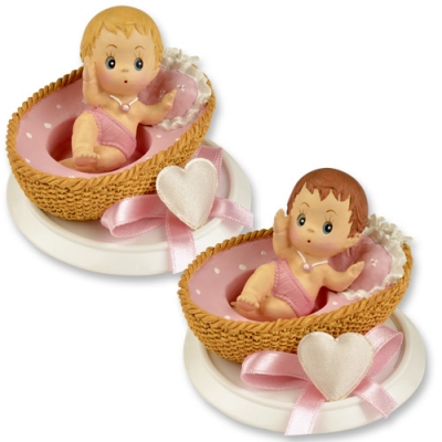 4 pcs Small polyresin-top, baby in basket, pink 