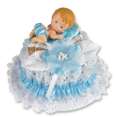 1 pcs Christening set with baby in basket, blue 